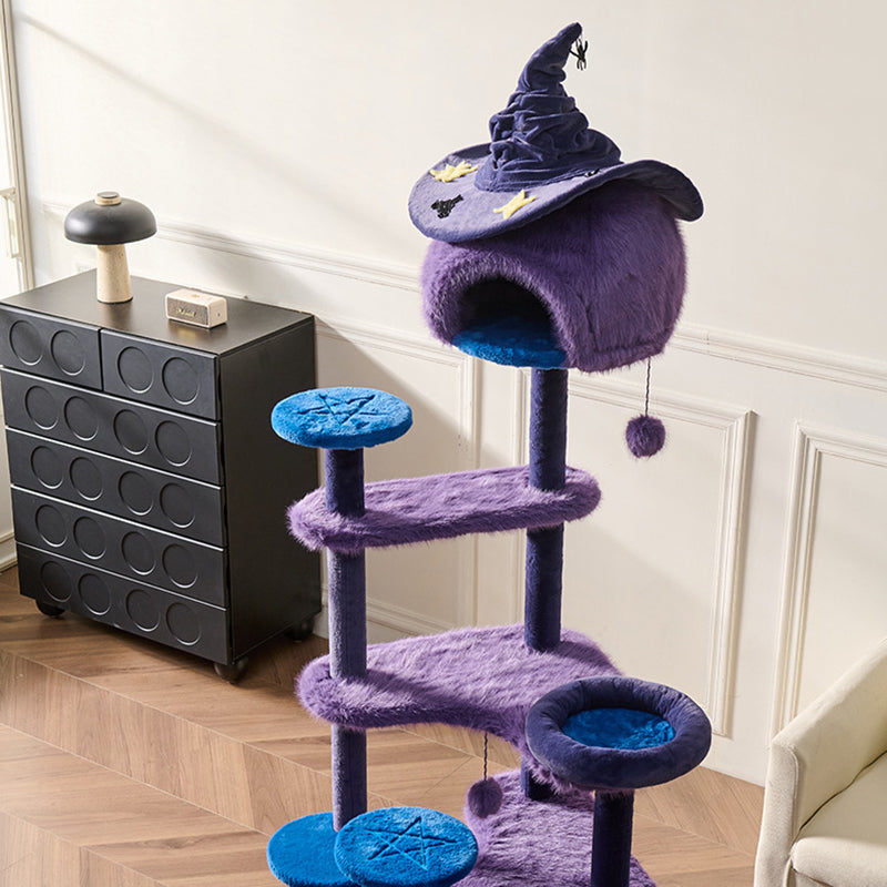 Modern Velvet Sisal Round Witch Hat Cat Tree Condo with Perches