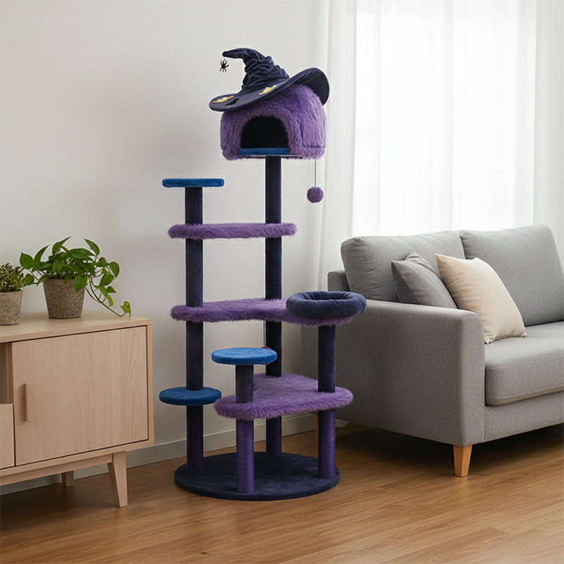 Modern Velvet Sisal Round Witch Hat Cat Tree Condo with Perches