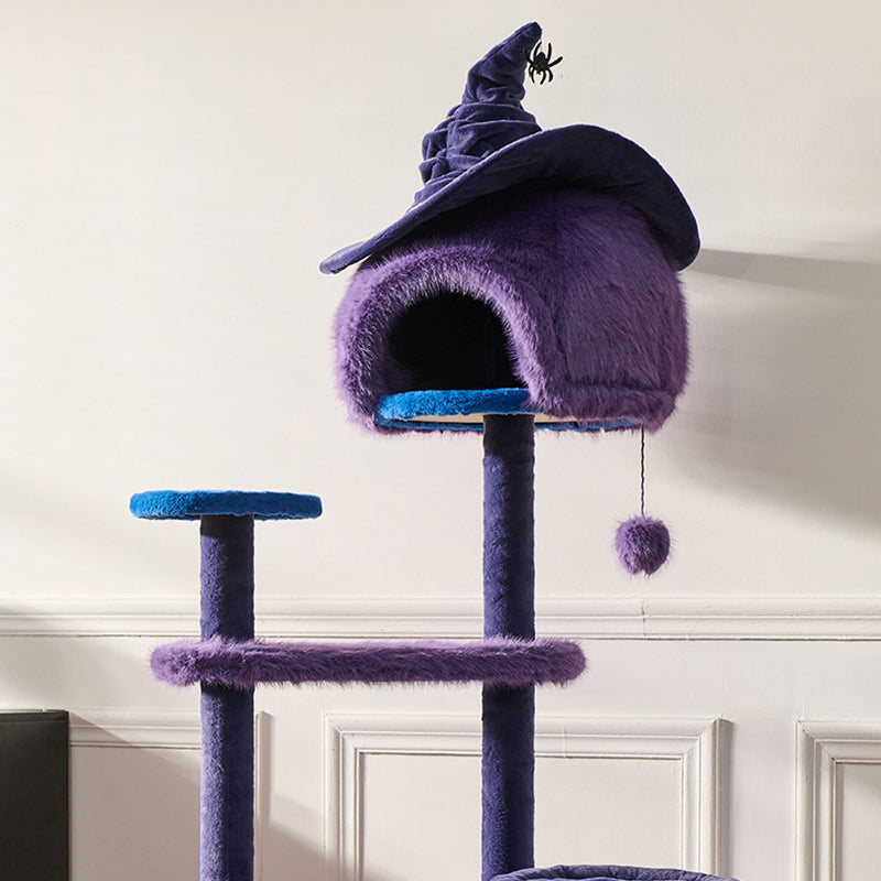Modern Velvet Sisal Round Witch Hat Cat Tree Condo with Perches