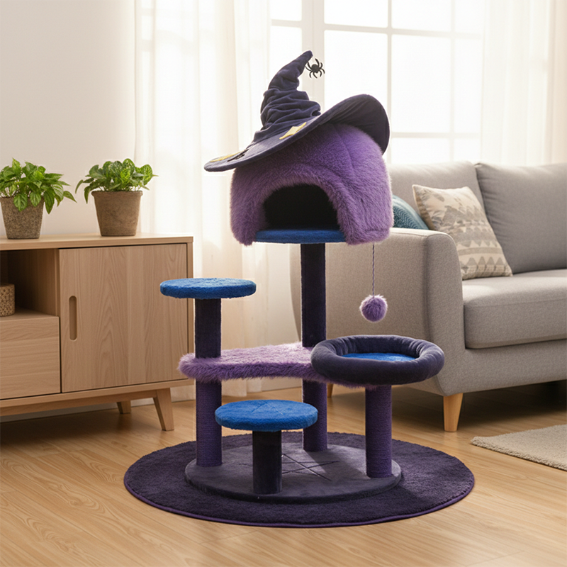 Modern Velvet Sisal Round Witch Hat Cat Tree Condo with Perches