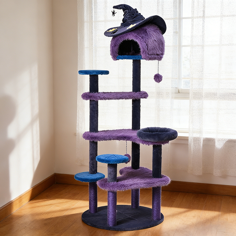 Modern Velvet Sisal Round Witch Hat Cat Tree Condo with Perches