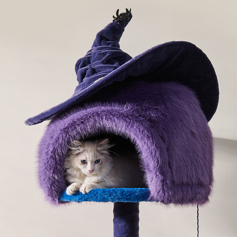 Modern Velvet Sisal Round Witch Hat Cat Tree Condo with Perches