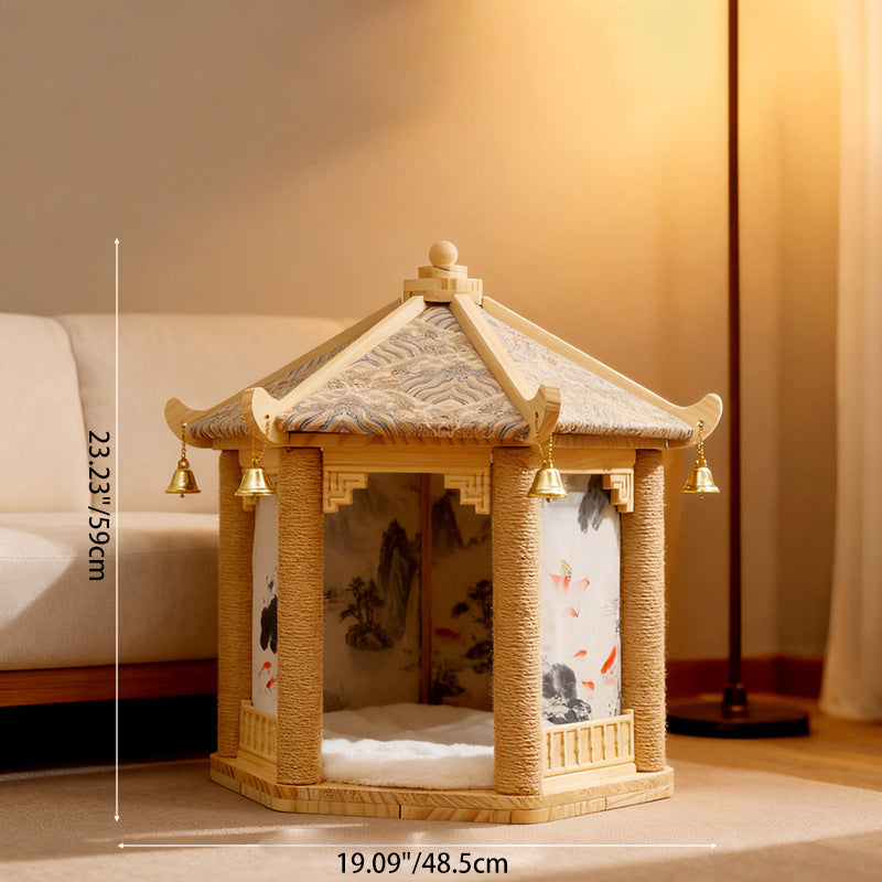 Hexagonal Solid Pine Wood Cat Tree with Fabric and Sisal Design