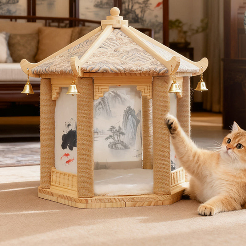 Hexagonal Solid Pine Wood Cat Tree with Fabric and Sisal Design