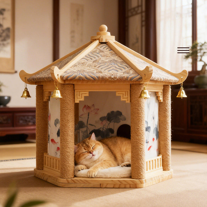 Hexagonal Solid Pine Wood Cat Tree with Fabric and Sisal Design
