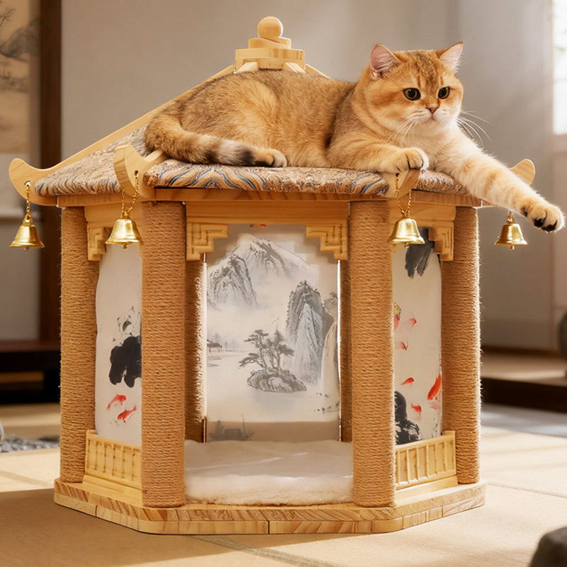 Hexagonal Solid Pine Wood Cat Tree with Fabric and Sisal Design