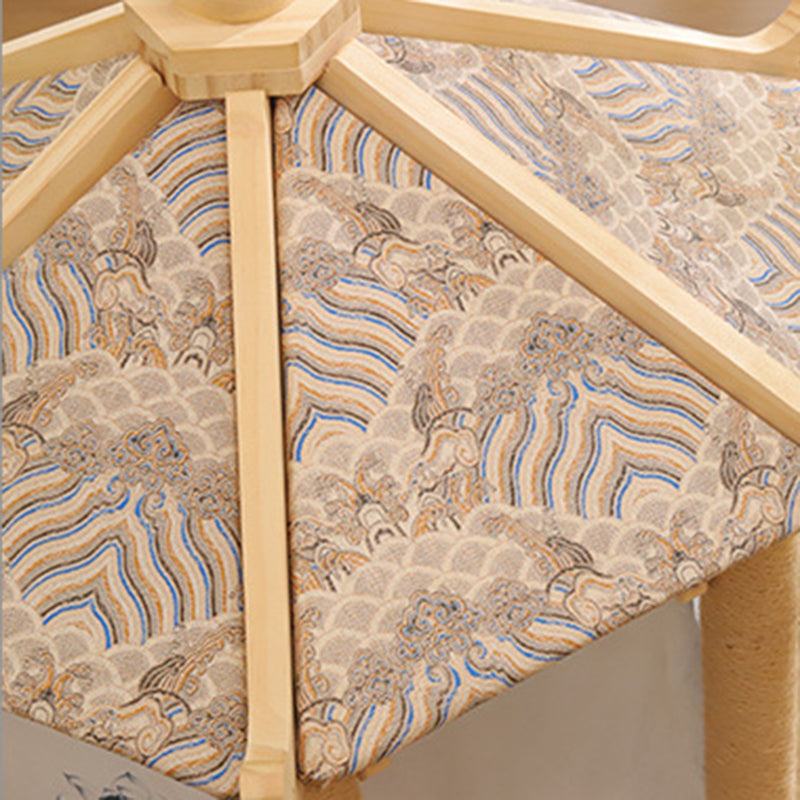 Hexagonal Solid Pine Wood Cat Tree with Fabric and Sisal Design