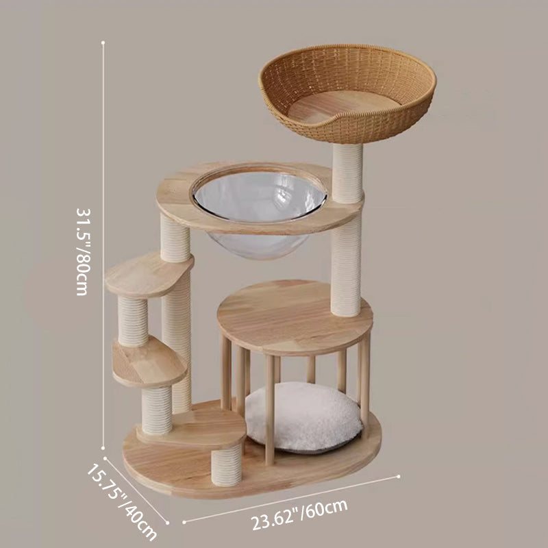 Scandinavian Round Rubberwood 4-Tier Cat Tree for Living Room