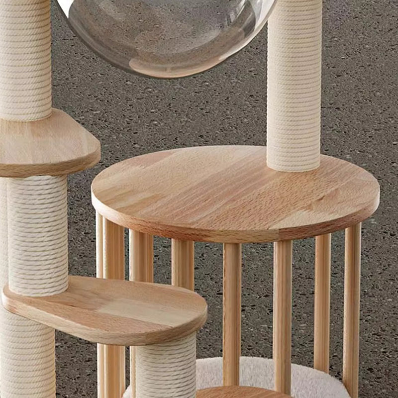 Scandinavian Round Rubberwood 4-Tier Cat Tree for Living Room
