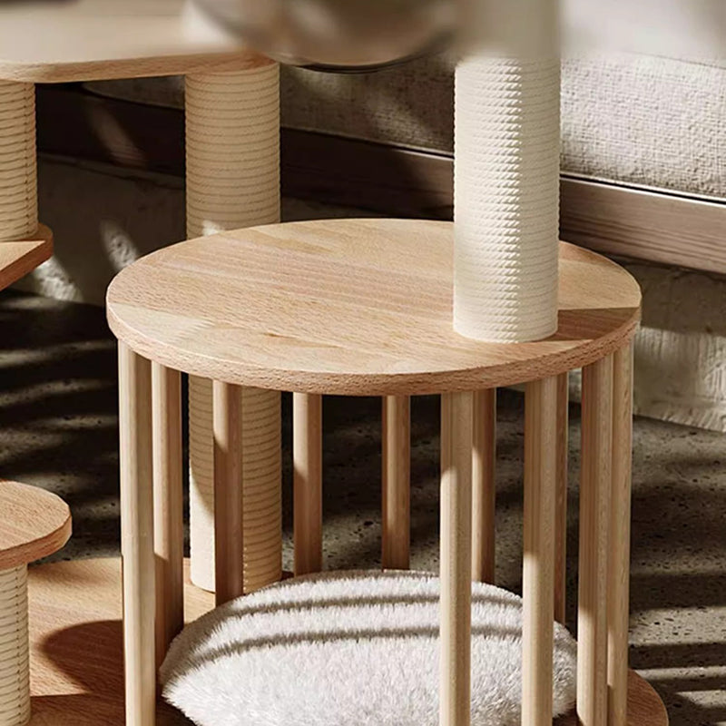 Scandinavian Round Rubberwood 4-Tier Cat Tree for Living Room