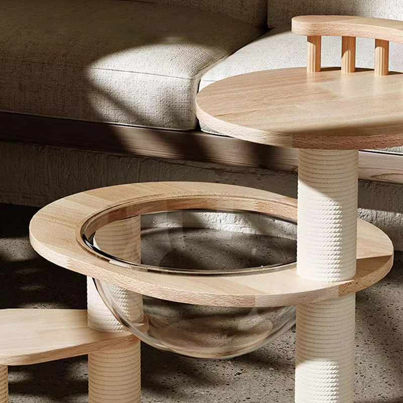 Scandinavian Round Rubberwood 4-Tier Cat Tree for Living Room