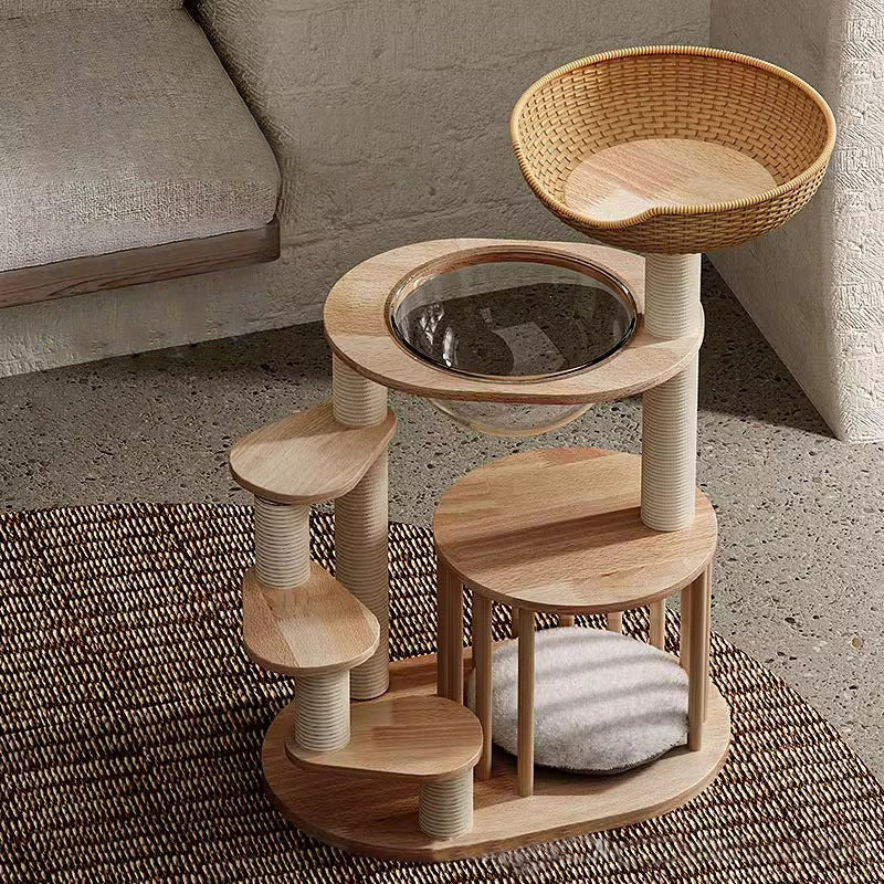 Scandinavian Round Rubberwood 4-Tier Cat Tree for Living Room