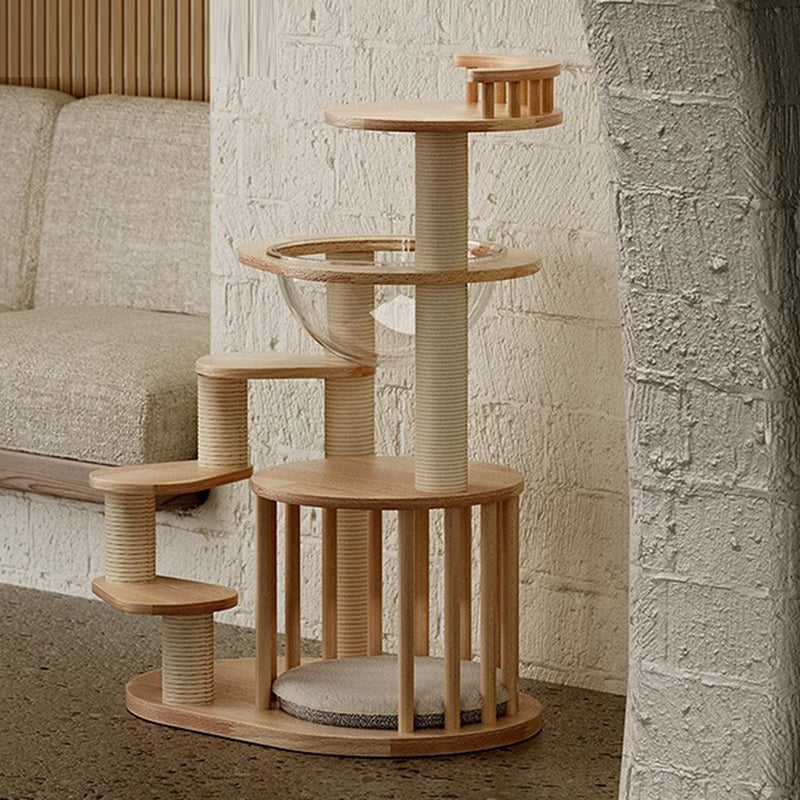 Scandinavian Round Rubberwood 4-Tier Cat Tree for Living Room