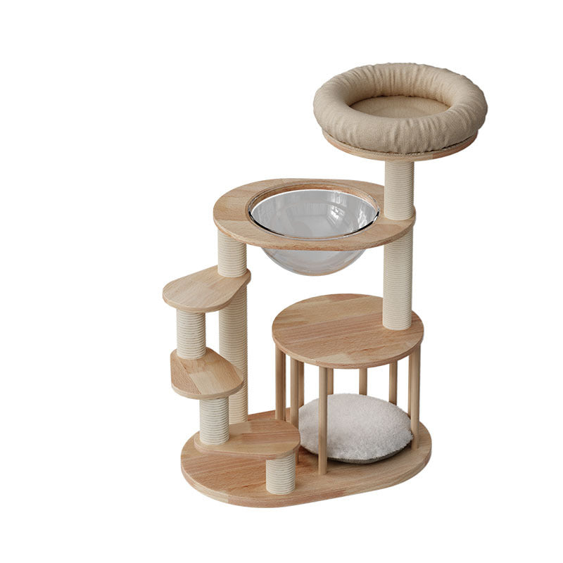 Scandinavian Round Rubberwood 4-Tier Cat Tree for Living Room