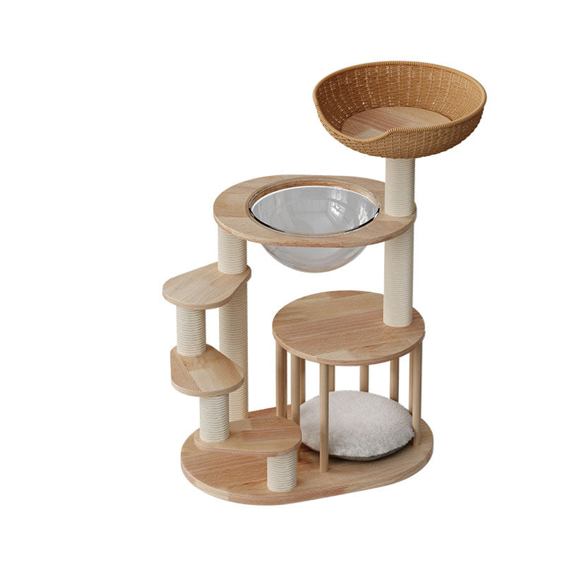 Scandinavian Round Rubberwood 4-Tier Cat Tree for Living Room