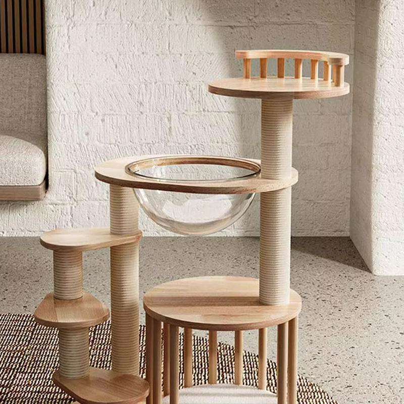 Scandinavian Round Rubberwood 4-Tier Cat Tree for Living Room