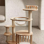 Scandinavian Round Rubberwood 4-Tier Cat Tree for Living Room