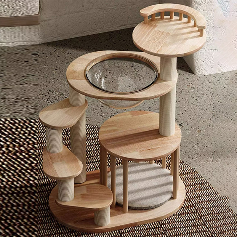 Scandinavian Round Rubberwood 4-Tier Cat Tree for Living Room